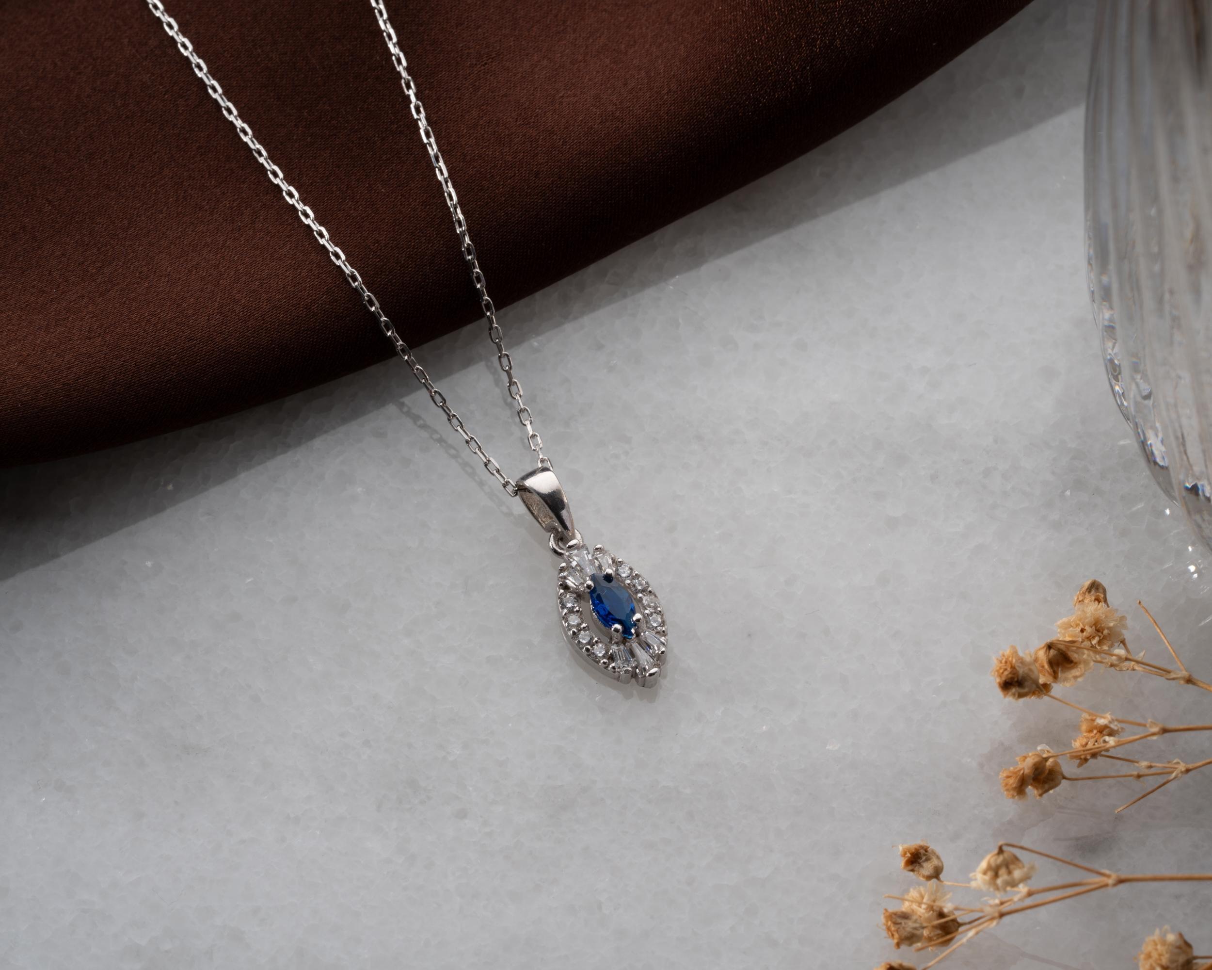 Kişiye Özel 925 Ayar Özel Safir Taşlı Oval Kolye